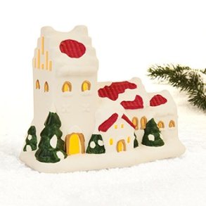 Landsby-kirke, porceln med LED lys (BAT)  15X19CM